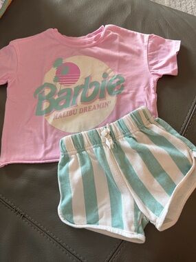 Barbie Malibu dreamin’ Pink Top with Mint & White Striped Shorts Set